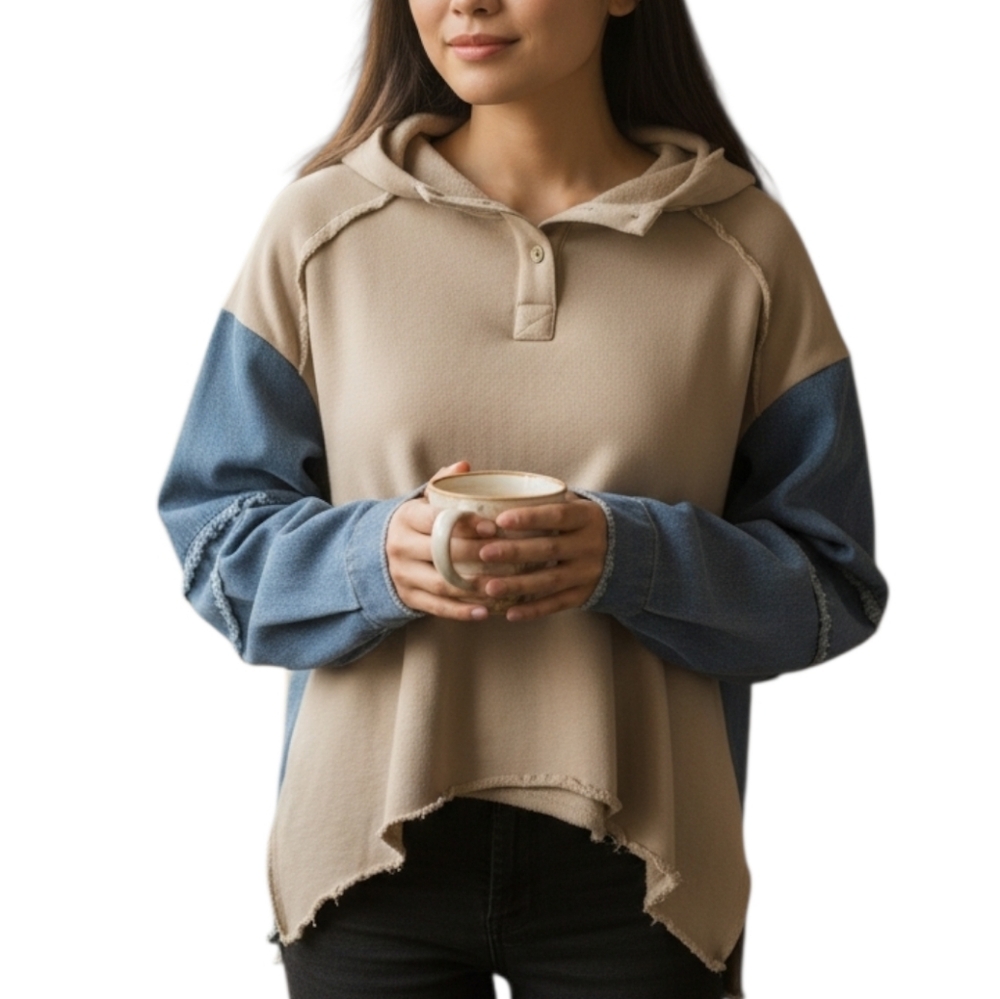 Ces Femme Oversized Cropped Sweatshirt Tan Blue Denim Block Sleeves Small - Picture 1 of 15
